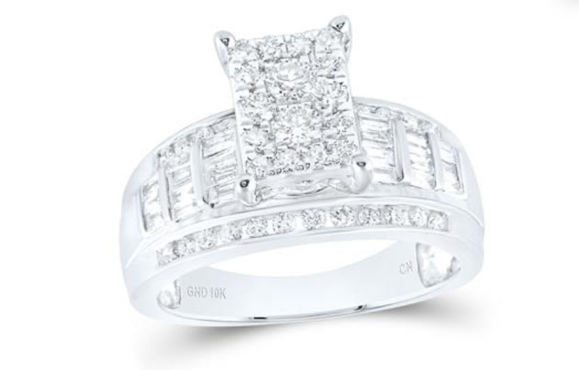 10K WHITE GOLD ROUND DIAMOND RECTANGLE CLUSTER BRIDAL ENGAGEMENT RING 7/8 CTTW