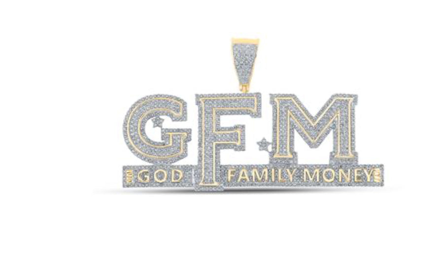 10K YELLOW GOLD ROUND DIAMOND GOD FAMILY MONEY GFM PHRASE CHARM PENDANT 3 CTTW