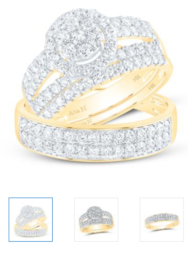 14K YELLOW GOLD ROUND DIAMOND CLUSTER MATCHING WEDDING RING SET 1-3/4 CTTW