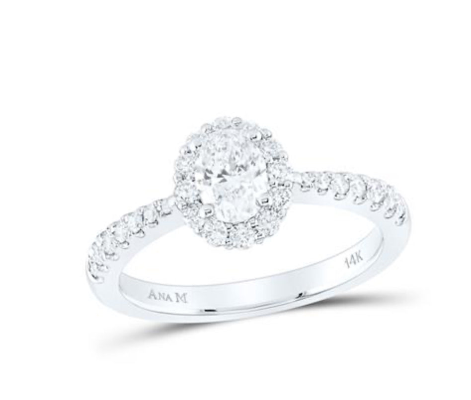 14K WHITE GOLD OVAL DIAMOND HALO BRIDAL ENGAGEMENT RING 1 CTTW (CERTIFIED)