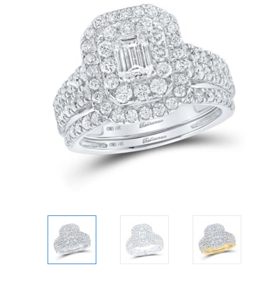 14K WHITE GOLD EMERALD DIAMOND HALO BRIDAL WEDDING RING SET 2 CTTW