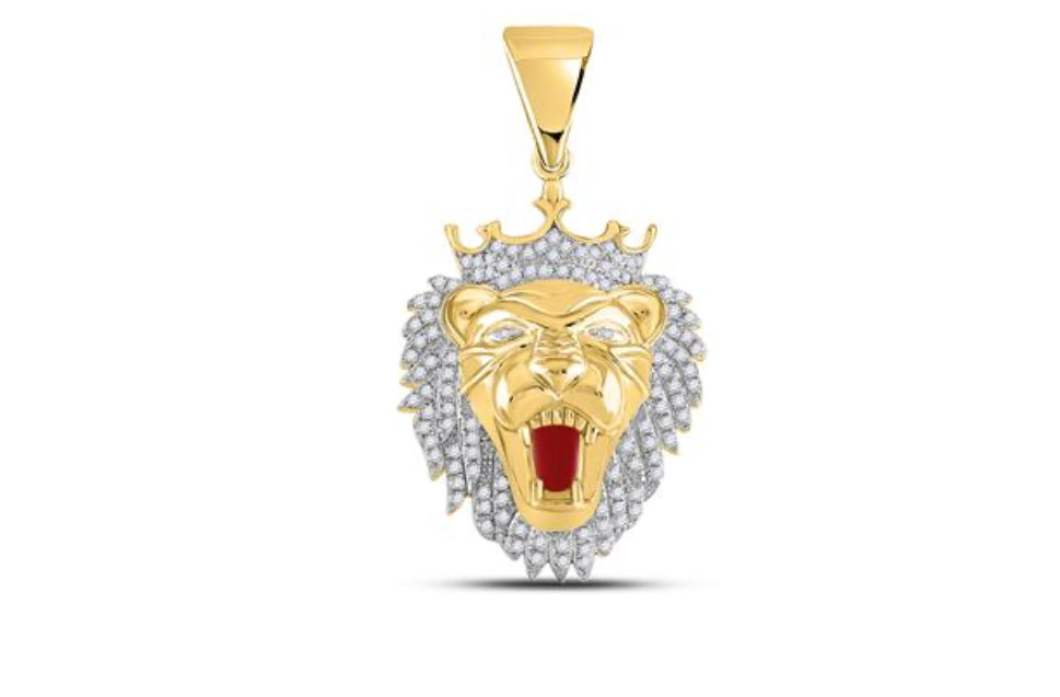 10K YELLOW GOLD ROUND DIAMOND KING LION CROWN CHARM PENDANT 1 CTTW