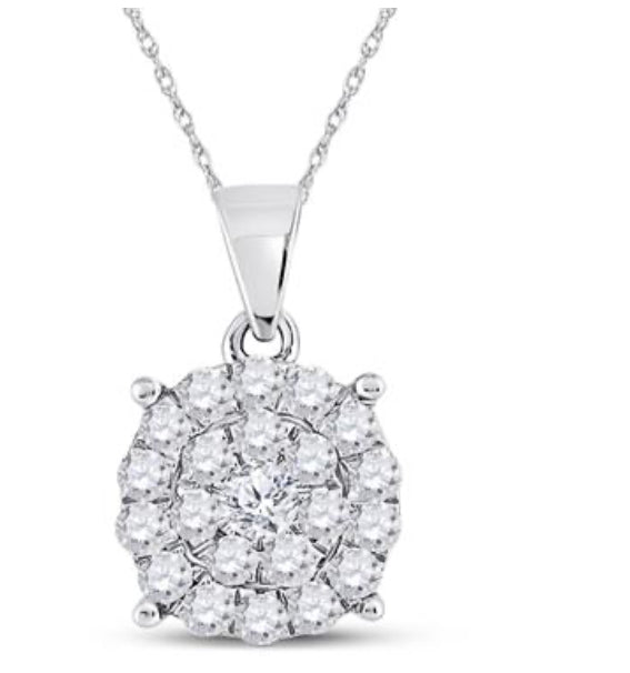10K WHITE GOLD ROUND DIAMOND CLUSTER PENDANT 1 CTTW