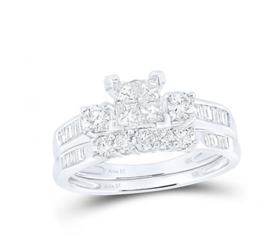 10K WHITE GOLD PRINCESS DIAMOND BRIDAL WEDDING RING SET 1 CTTW