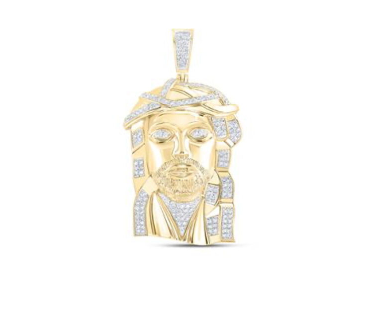 10K YELLOW GOLD ROUND DIAMOND JESUS FACE CHARM PENDANT 1-1/2 CTTW