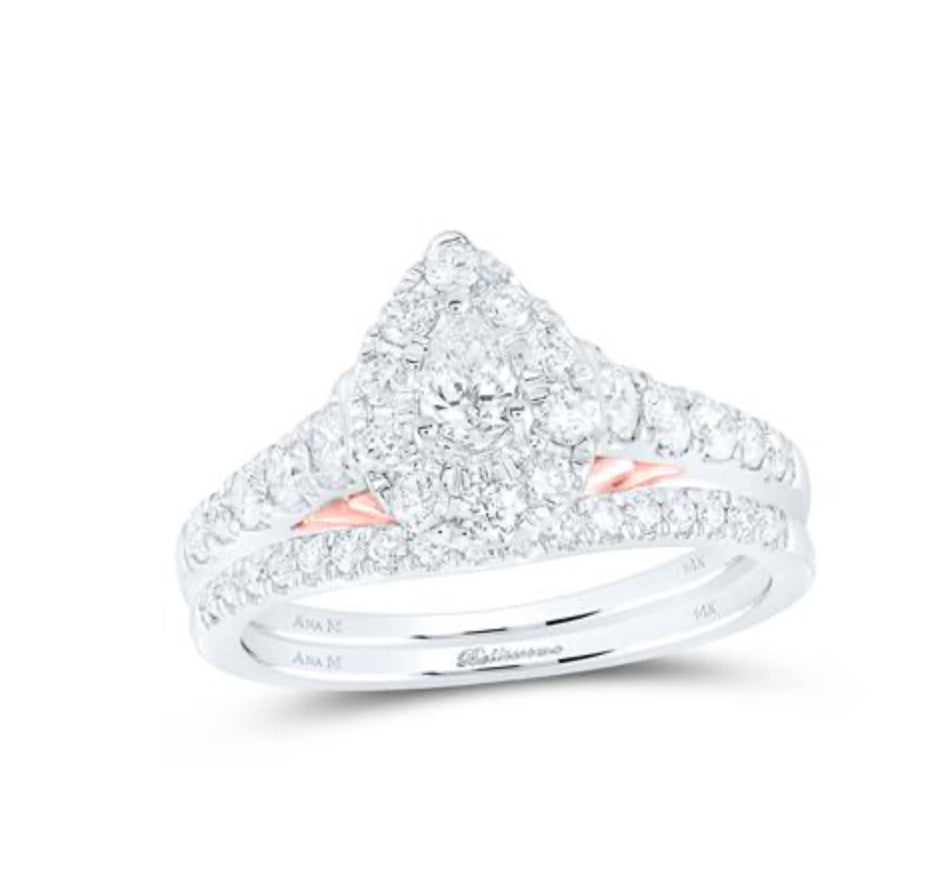 14K TWO-TONE GOLD PEAR DIAMOND BRIDAL WEDDING RING SET 1 CTTW (CERTIFIED)