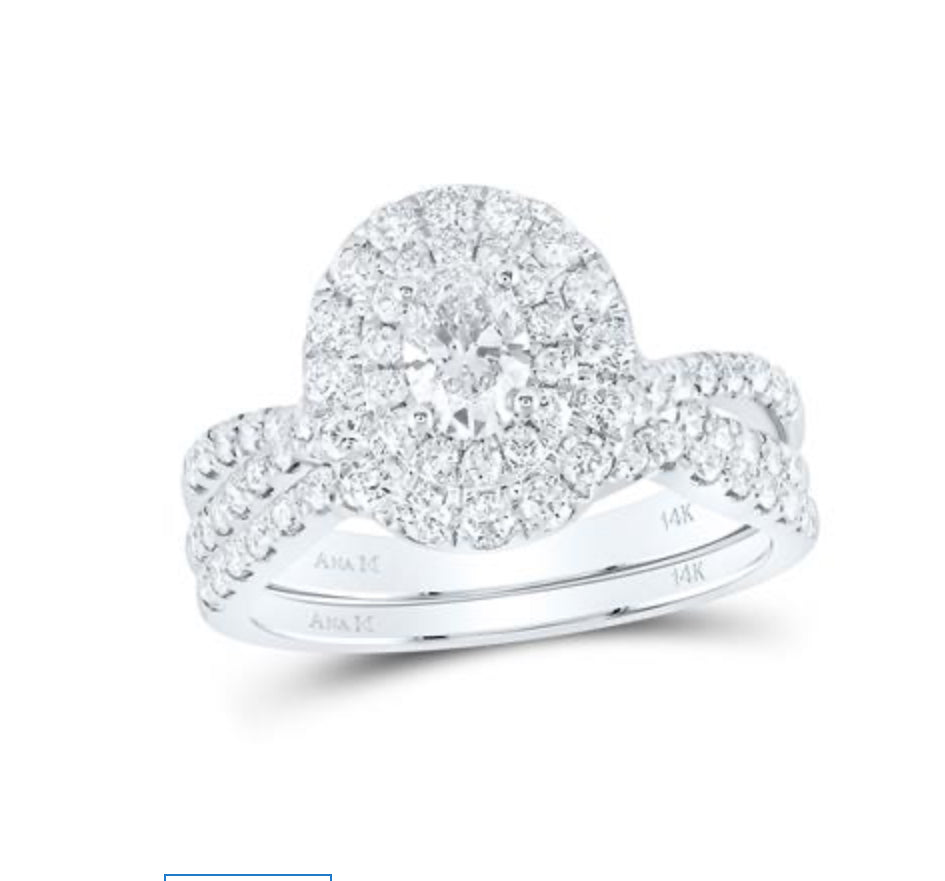 14K WHITE GOLD OVAL DIAMOND HALO BRIDAL WEDDING RING SET 1-1/2 CTTW (CERTIFIED)