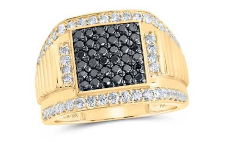 10K YELLOW GOLD ROUND BLACK DIAMOND SQUARE RING 1-5/8 CTTW