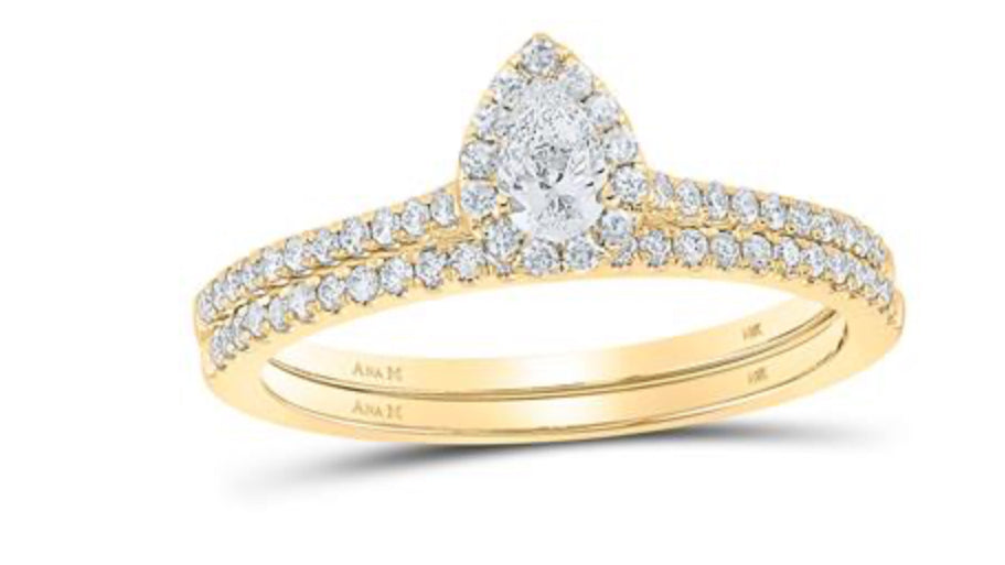 14K WHITE GOLD PEAR DIAMOND HALO BRIDAL WEDDING RING SET 1/2 CTTW (CERTIFIED)