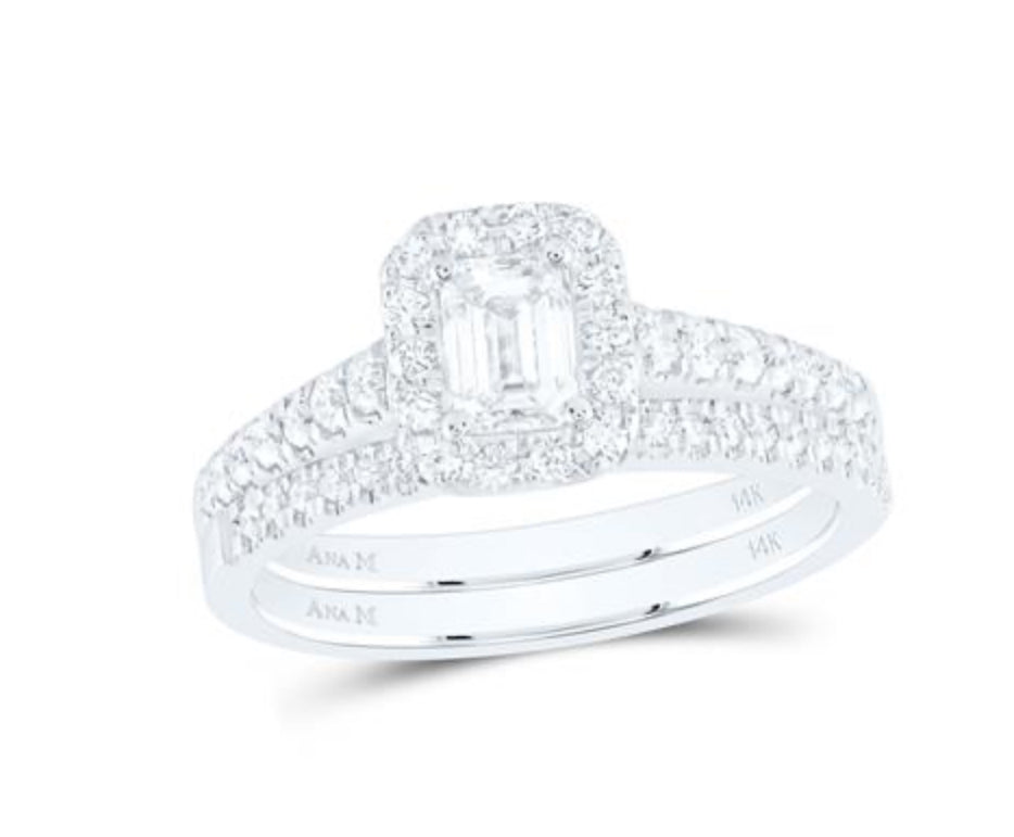 14K WHITE GOLD EMERALD DIAMOND BRIDAL WEDDING RING SET 1 CTW (CERTIFIED)