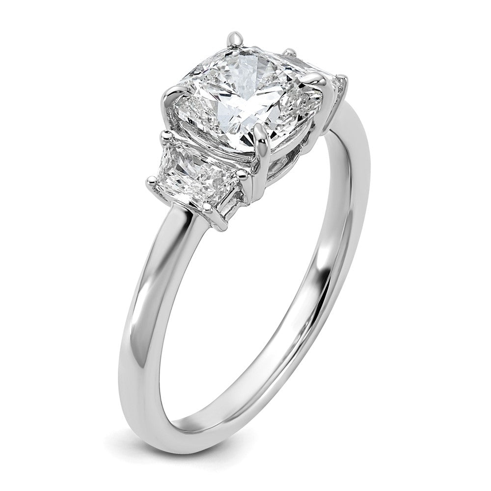 Cushion lab-grown diamond three-stone engagement ring in 14K white gold