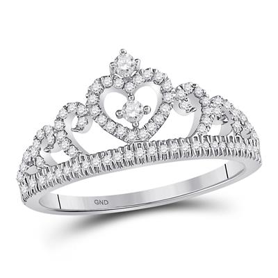 10K WHITE GOLD ROUND DIAMOND HEART CROWN FASHION RING 1/4 CTTW