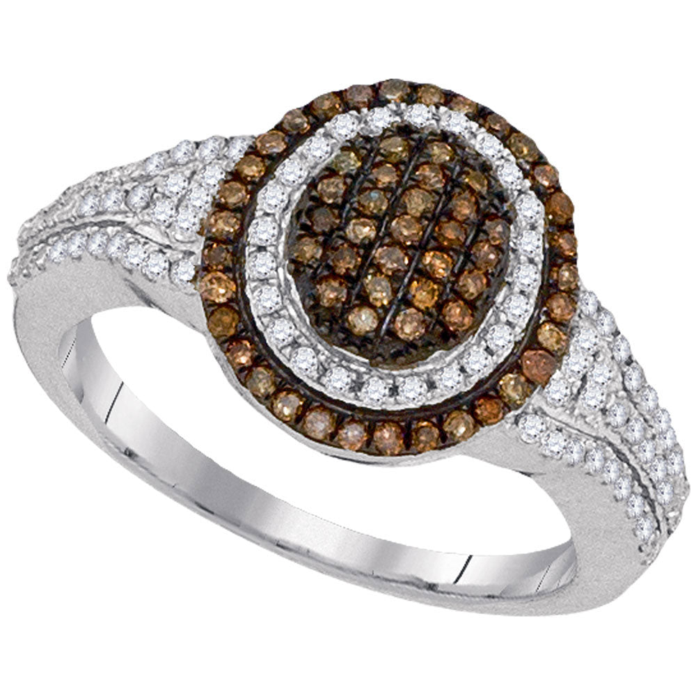 10kt White Gold Womens Round Brown Diamond Oval Cluster Ring 1/2 Cttw