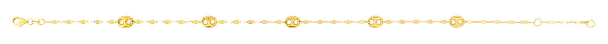 Mirror Chain And Puffed Mariner Station Anklet in 14K Yellow Gold — 10 Inches, 1.7mm