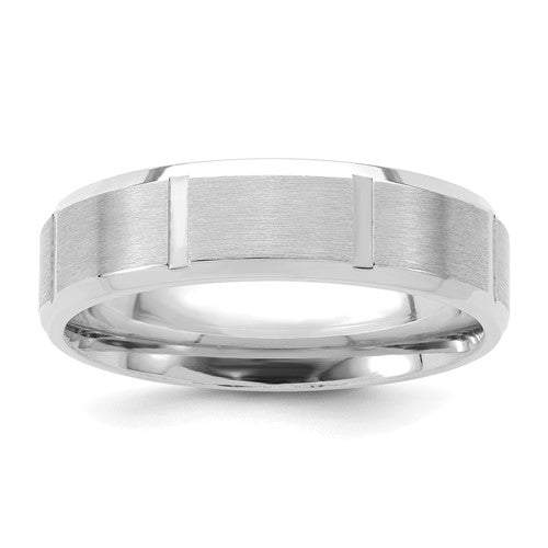 Comfort Fit Beveled Edge With Vertical Lines Wedding Band in 14K White Gold — 6mm, Size 12