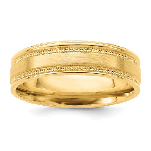 Comfort Fit Milgrain Grooved Edge Wedding Band in 14K Yellow Gold — 6mm, Size 8