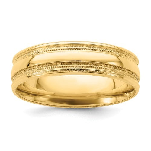 Comfort Fit Beaded Grooved Fancy Wedding Band in 14K Yellow Gold — 6mm, Size 13