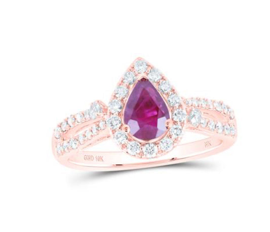 10K ROSE GOLD PEAR RUBY DIAMOND FASHION RING 1-1/2 CTTW