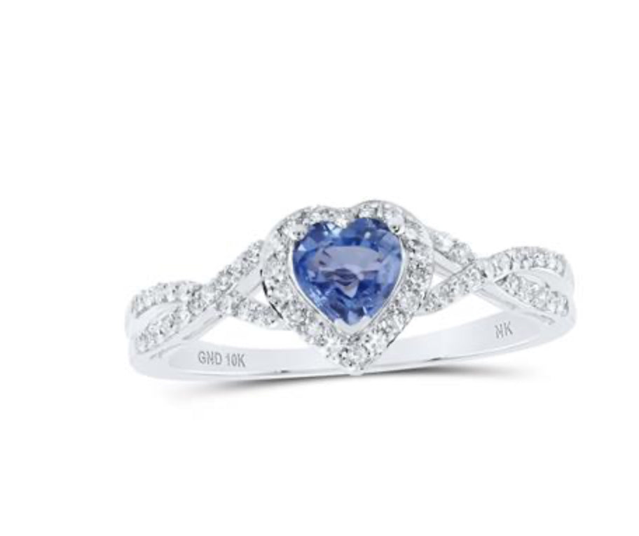 10K WHITE GOLD DIAMOND HEART BLUE SAPPHIRE DIAMOND HEART RING 5/8 CTTW