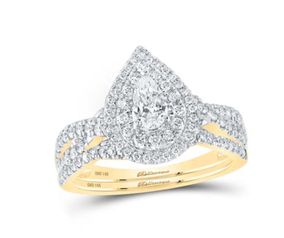 14K YELLOW GOLD PEAR DIAMOND BELLISSIMO BRIDAL WEDDING RING SET 1 CTTW (CERTIFIED)