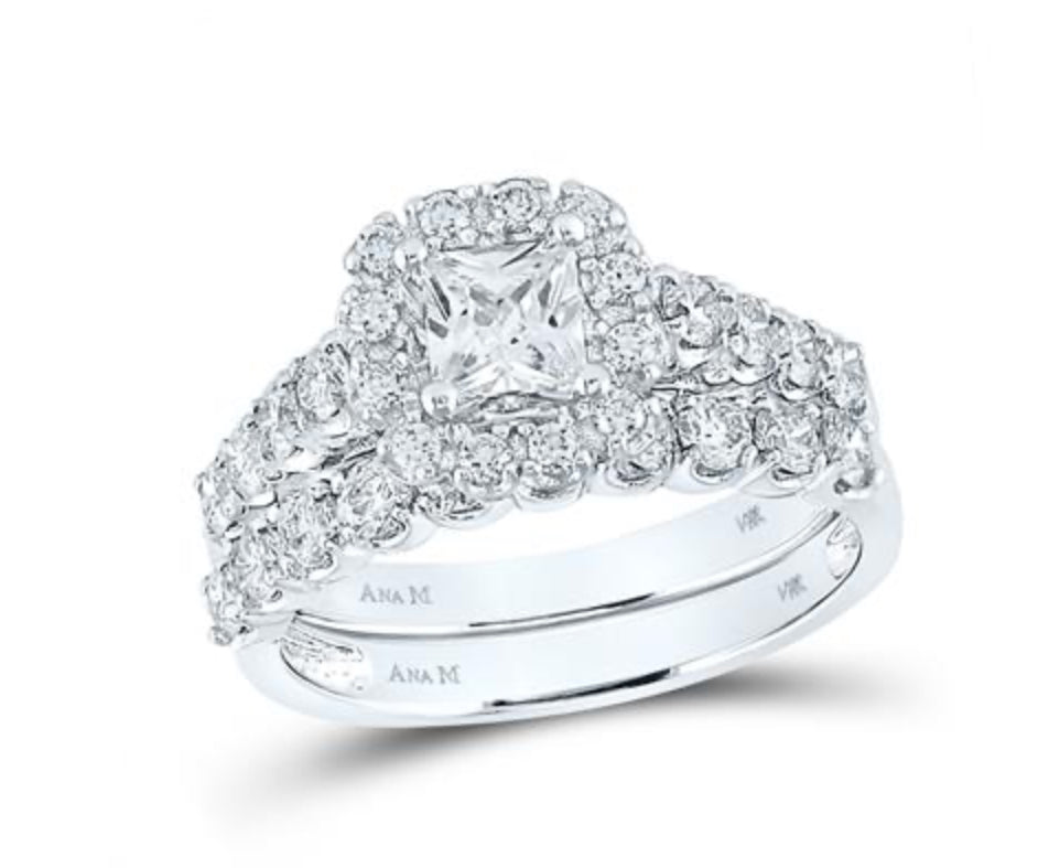 14K WHITE GOLD PRINCESS DIAMOND BRIDAL WEDDING RING SET 2 CTTW (CERTIFIED)