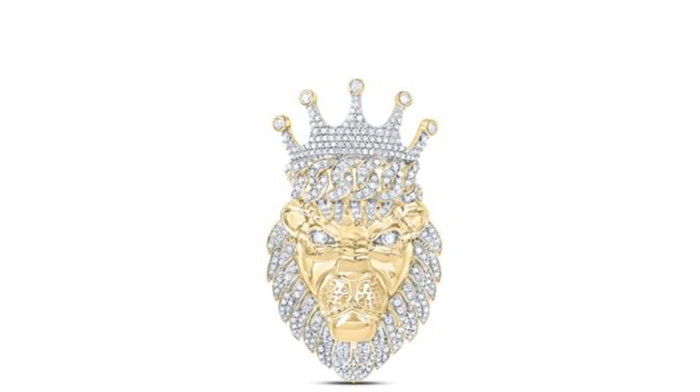 10K YELLOW GOLD ROUND DIAMOND LION FACE CROWN CHARM PENDANT 1-3/4 CTTW