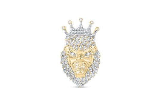 10K YELLOW GOLD ROUND DIAMOND LION FACE CROWN CHARM PENDANT 1-3/4 CTTW