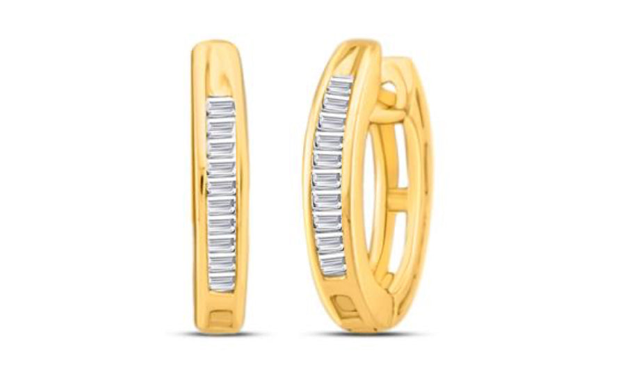 14K YELLOW GOLD BAGUETTE DIAMOND HUGGIE HOOP EARRINGS 1/6 CTTW