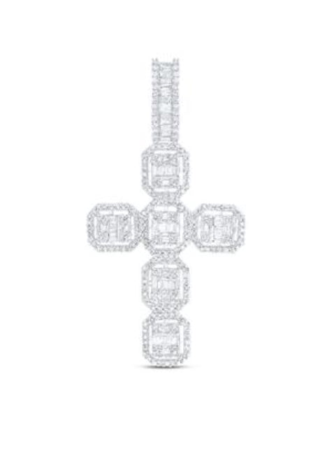 10K WHITE GOLD BAGUETTE DIAMOND CROSS CHARM PENDANT 1 CTTW