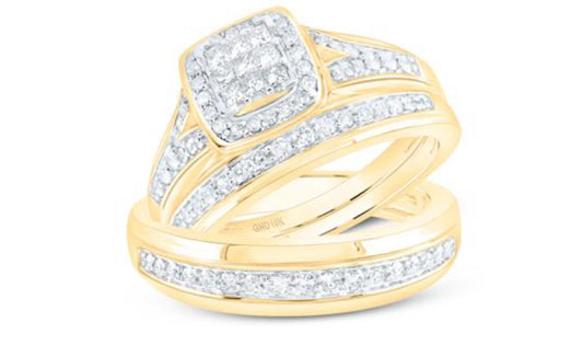 10K YELLOW GOLD PRINCESS DIAMOND SQUARE MATCHING WEDDING RING SET 3/4 CTTW