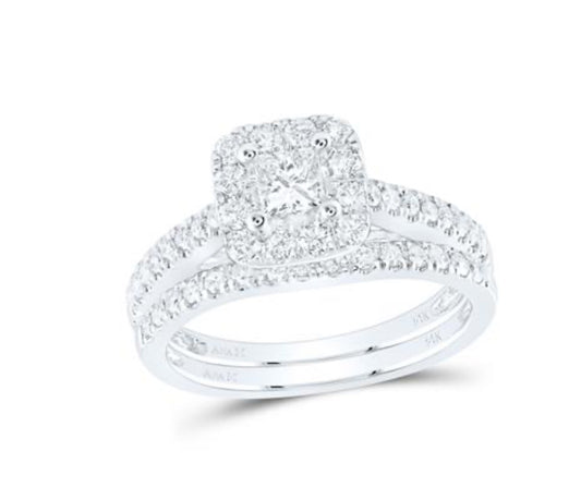 14K WHITE GOLD PRINCESS DIAMOND BRIDAL WEDDING RING SET 1 CTTW (CERTIFIED)