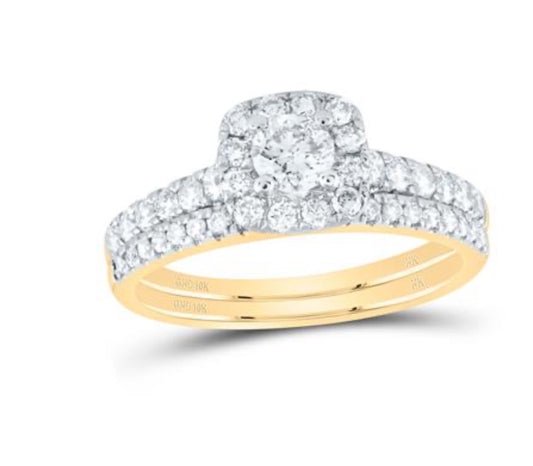 10K YELLOW GOLD ROUND DIAMOND HALO BRIDAL WEDDING RING SET 1 CTTW (CERTIFIED)