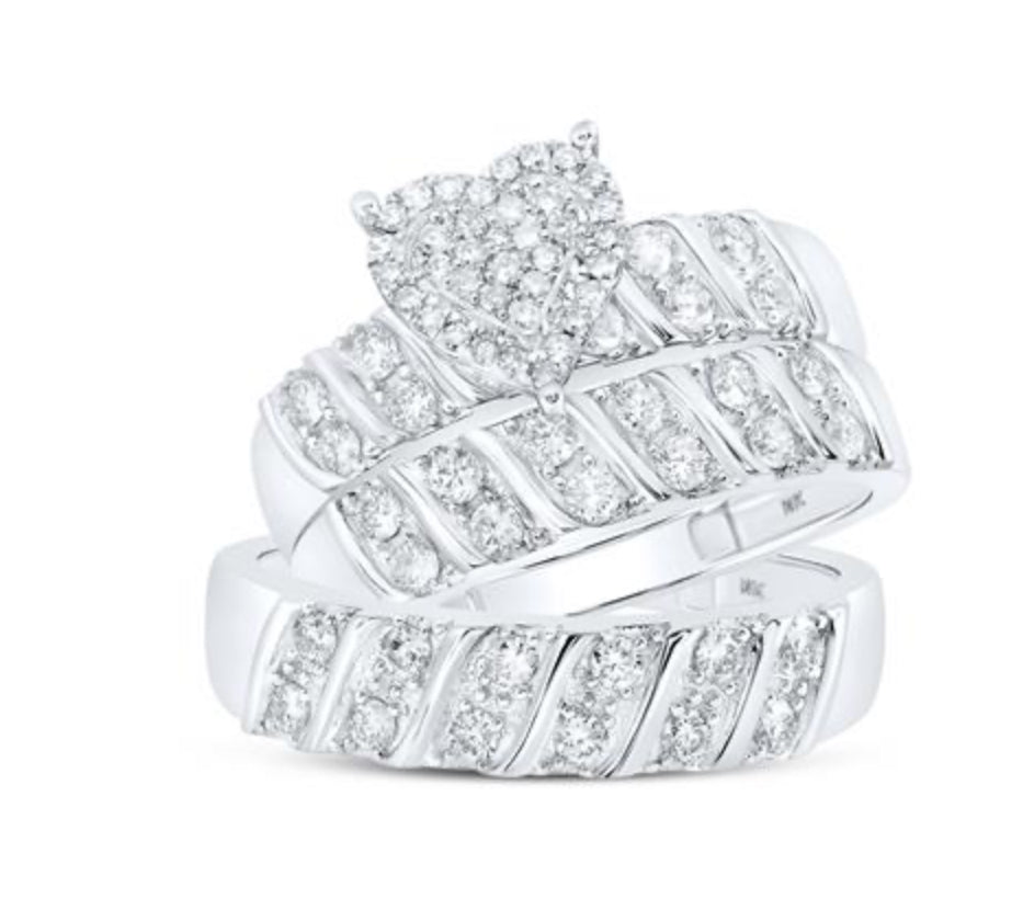 10K WHITE GOLD ROUND DIAMOND HEART MATCHING NICOLES DREAM COLLECTION WEDDING RING SET 1 CTTW