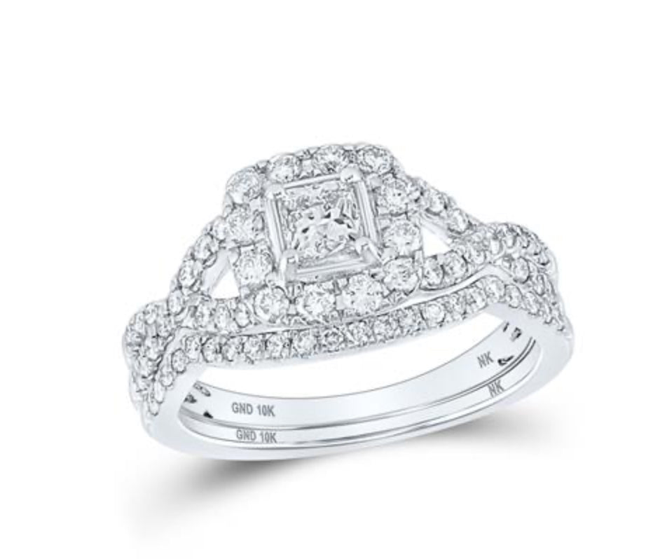 10K WHITE GOLD PRINCESS DIAMOND HALO BRIDAL WEDDING RING SET 1 CTTW (CERTIFIED)