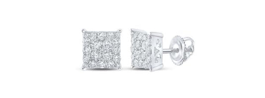 10K WHITE GOLD ROUND DIAMOND SQUARE EARRINGS 1 CTTW