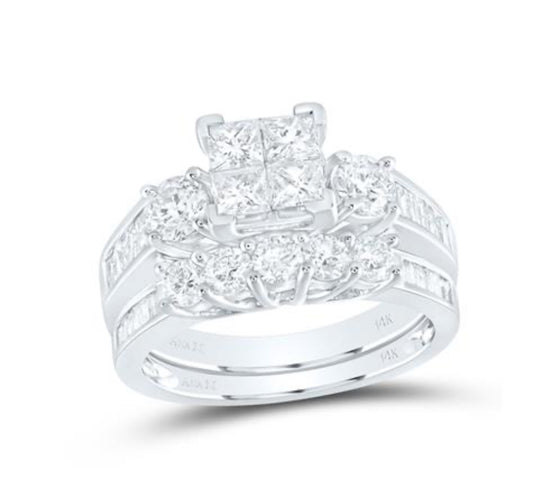 14K WHITE GOLD PRINCESS DIAMOND CLUSTER BRIDAL WEDDING RING SET 2 CTTW