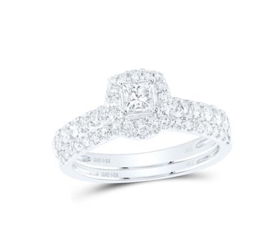 14K WHITE GOLD PRINCESS DIAMOND NICOLES DREAM COLLECTION HALO BRIDAL WEDDING RING SET 1 CTTW (CERTIFIED)