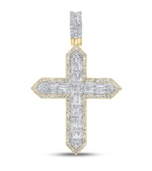 10K YELLOW GOLD BAGUETTE DIAMOND CROSS CHARM PENDANT 1-3/4 CTTW