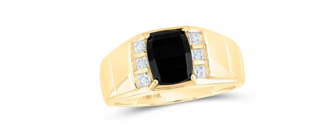 10K YELLOW GOLD ROUND DIAMOND BLACK ONYX SOLITAIRE RING .02 CTTW