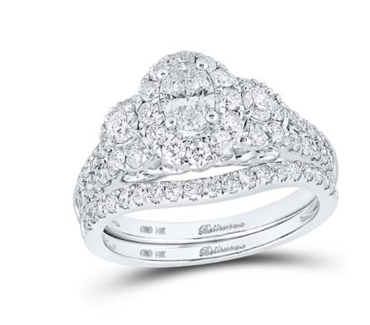 14K WHITE GOLD OVAL DIAMOND HALO BRIDAL WEDDING RING SET 1-1/2 CTTW (CERTIFIED)