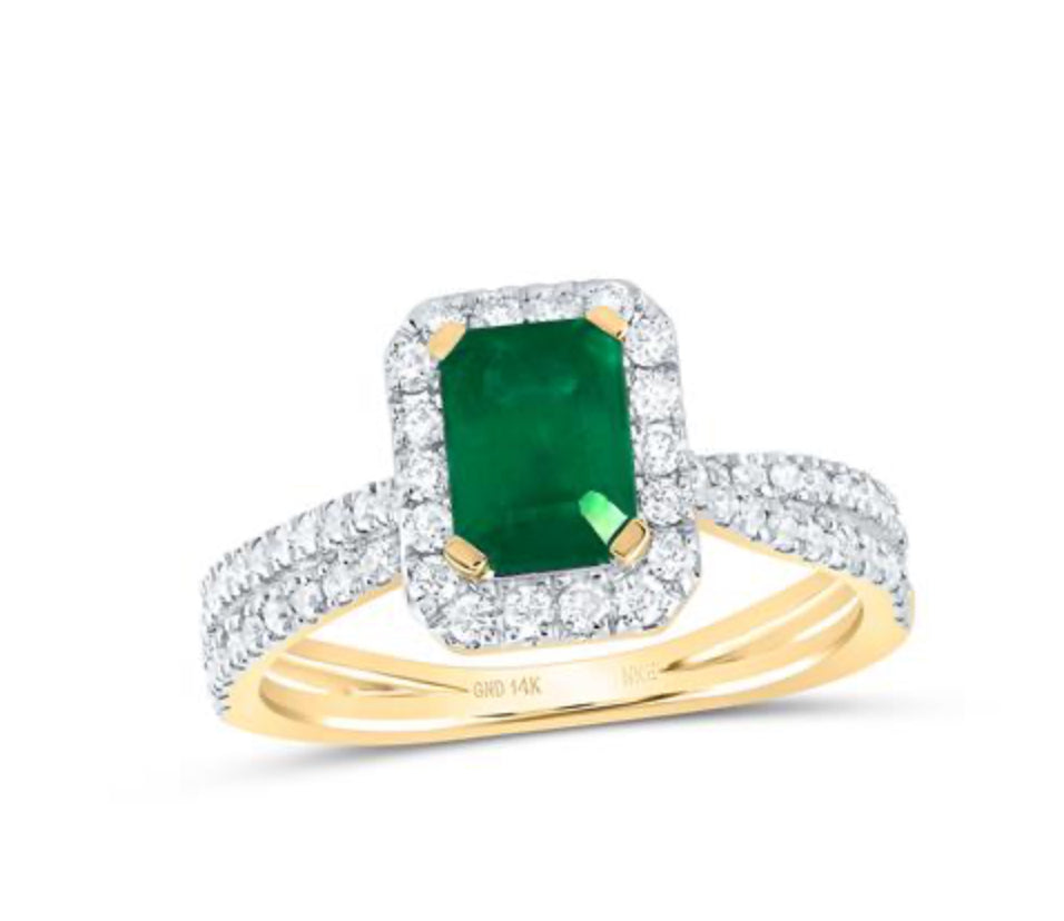 14K YELLOW GOLD EMERALD EMERALD DIAMOND FASHION RING 1-1/2 CTTW