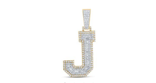 10K TWO-TONE GOLD BAGUETTE DIAMOND J INITIAL LETTER CHARM PENDANT 1-3/8 CTTW