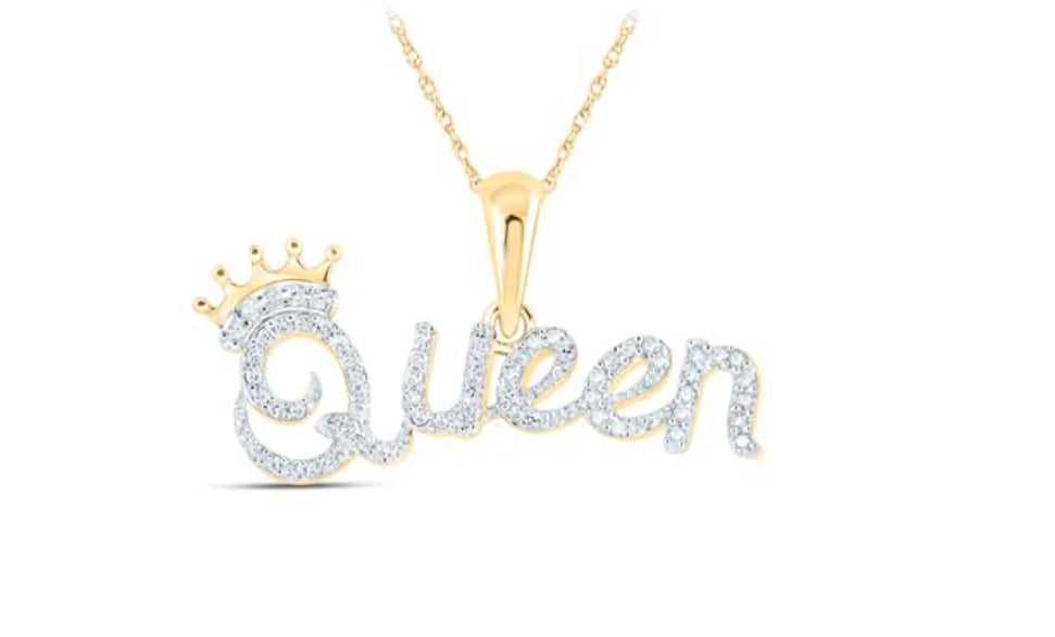 10K YELLOW GOLD ROUND DIAMOND QUEEN CROWN FASHION PENDANT 1/6 CTTW