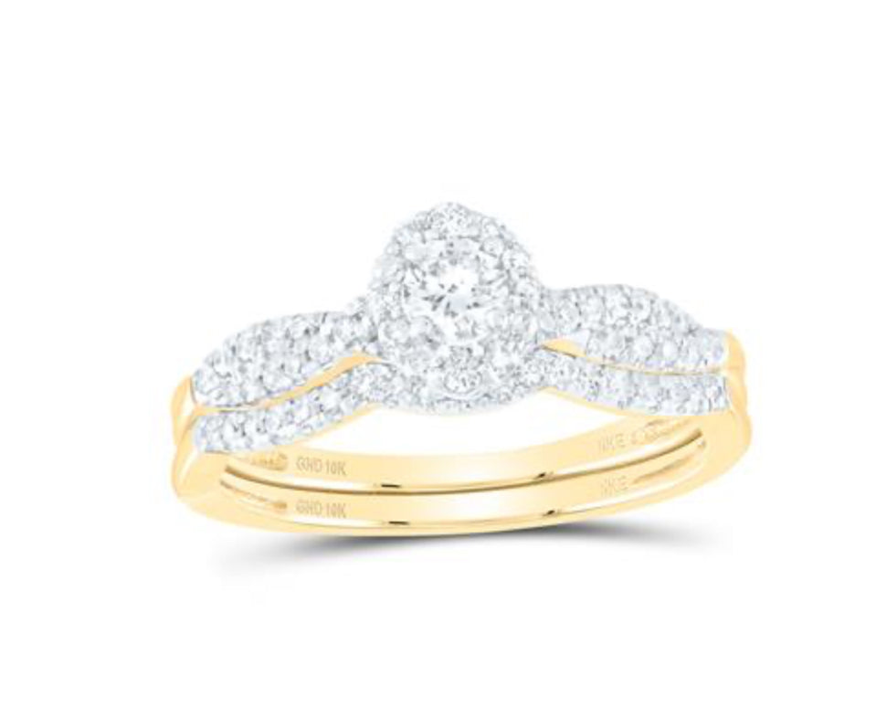 10K YELLOW GOLD ROUND DIAMOND HALO BRIDAL WEDDING RING SET 1/2 CTTW (CERTIFIED)