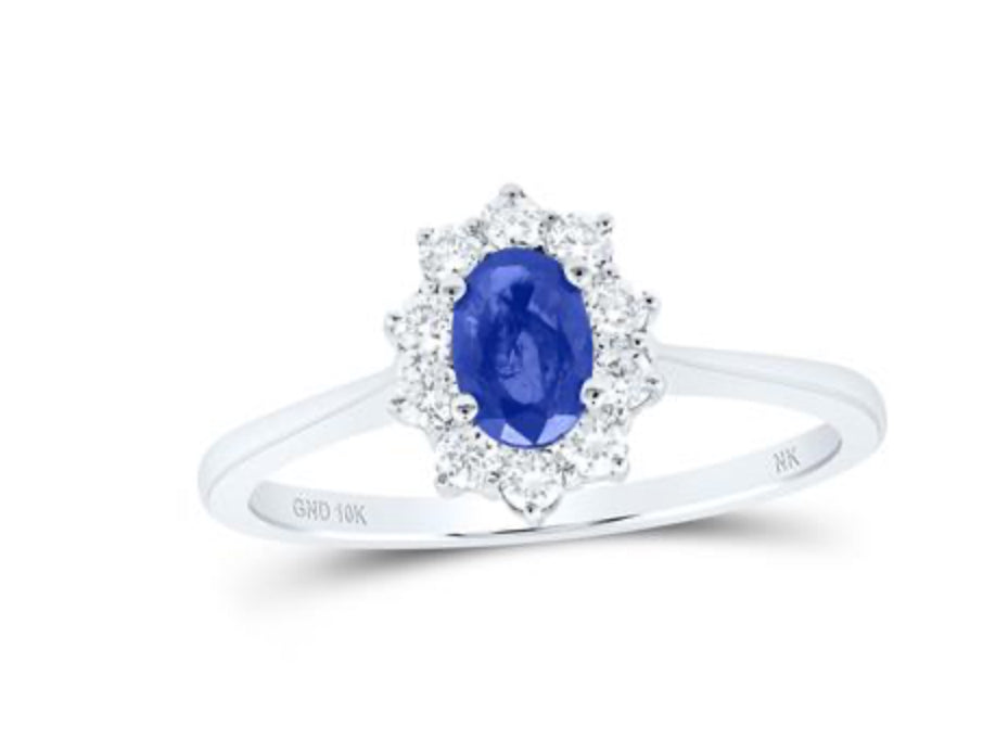 10K WHITE GOLD OVAL BLUE SAPPHIRE DIAMOND HALO RING 7/8 CTTW