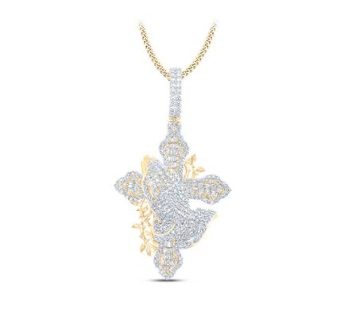 10K YELLOW GOLD ROUND DIAMOND PRAYER HANDS CROSS CHARM PENDANT 2 CTTW