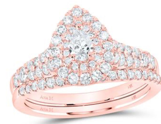 14K ROSE GOLD PEAR DIAMOND HALO BRIDAL WEDDING RING SET 1 CTTW (CERTIFIED)