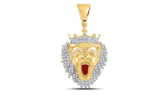 10K YELLOW GOLD ROUND DIAMOND KING LION CROWN CHARM PENDANT 1 CTTW