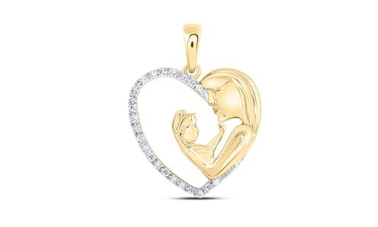 10K YELLOW GOLD ROUND DIAMOND MOM CHILD HEART NICOLES DREAM COLLECTION PENDANT 1/10 CTTW