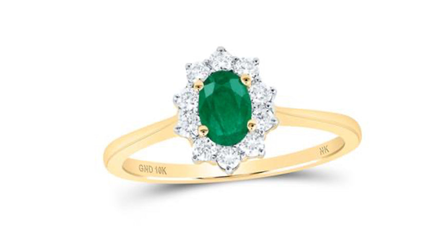 10K YELLOW GOLD OVAL EMERALD DIAMOND HALO RING 5/8 CTTW